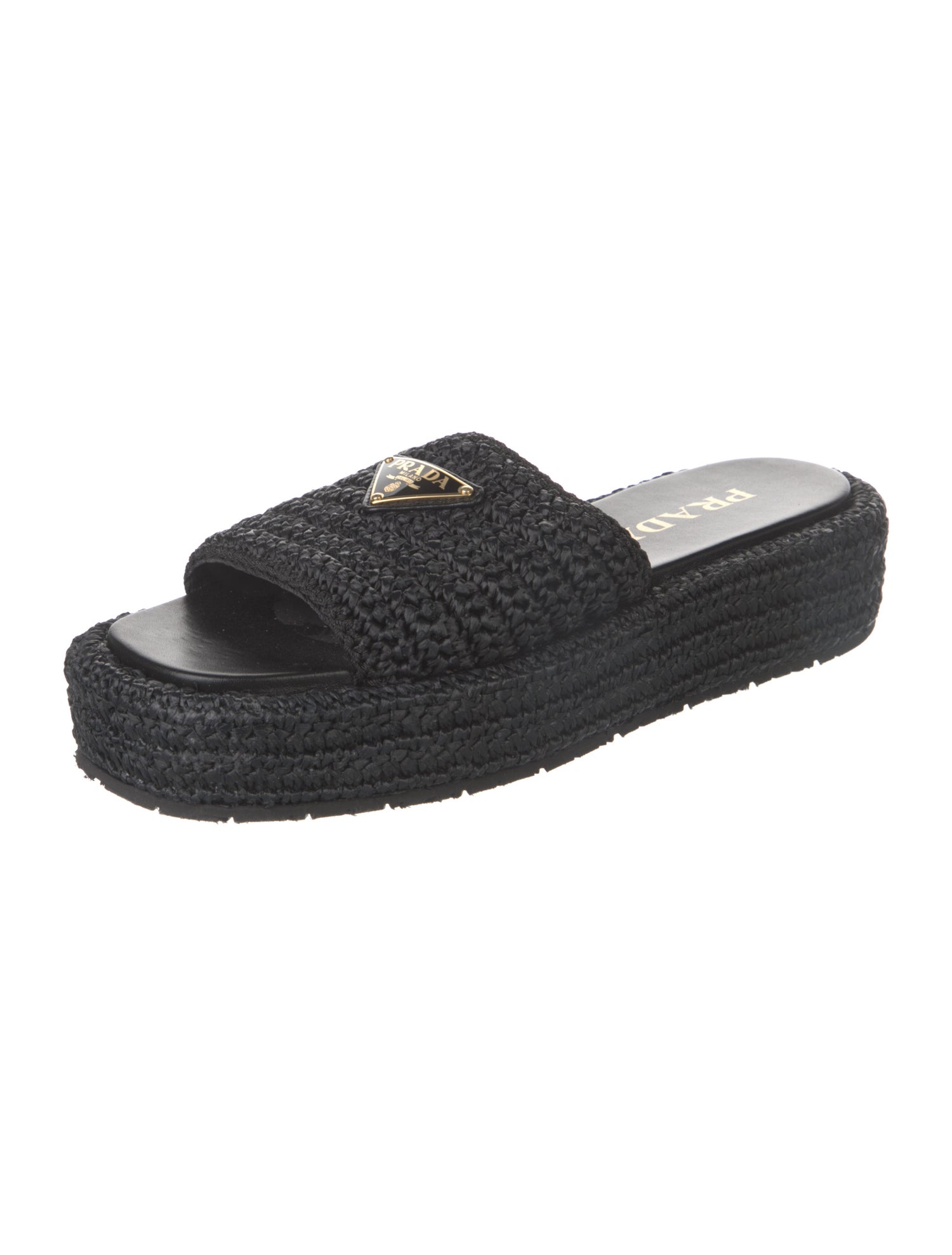 Prada Enameled Metal Triangle Raffia Espadrilles